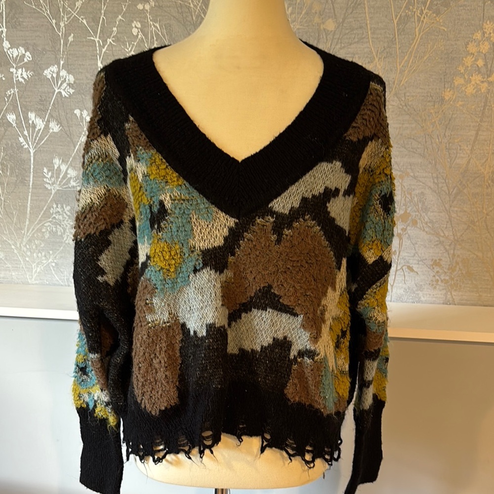 Anthropologie Black and Brown V-Neck Sweater, relaxed fit - streetwear, S